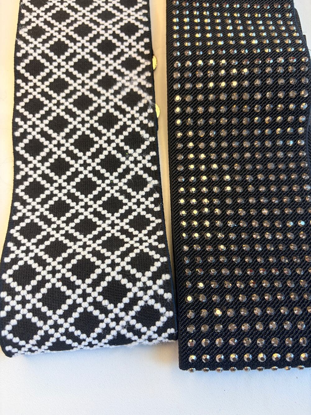 Bundle: Black Rhinestone Studded Belt + Black White Geometric Stretch Belt